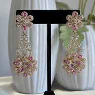 Pink Floral CZ Gold Tone Chandelier Earrings Pakistani Indian Bridal Jewelry