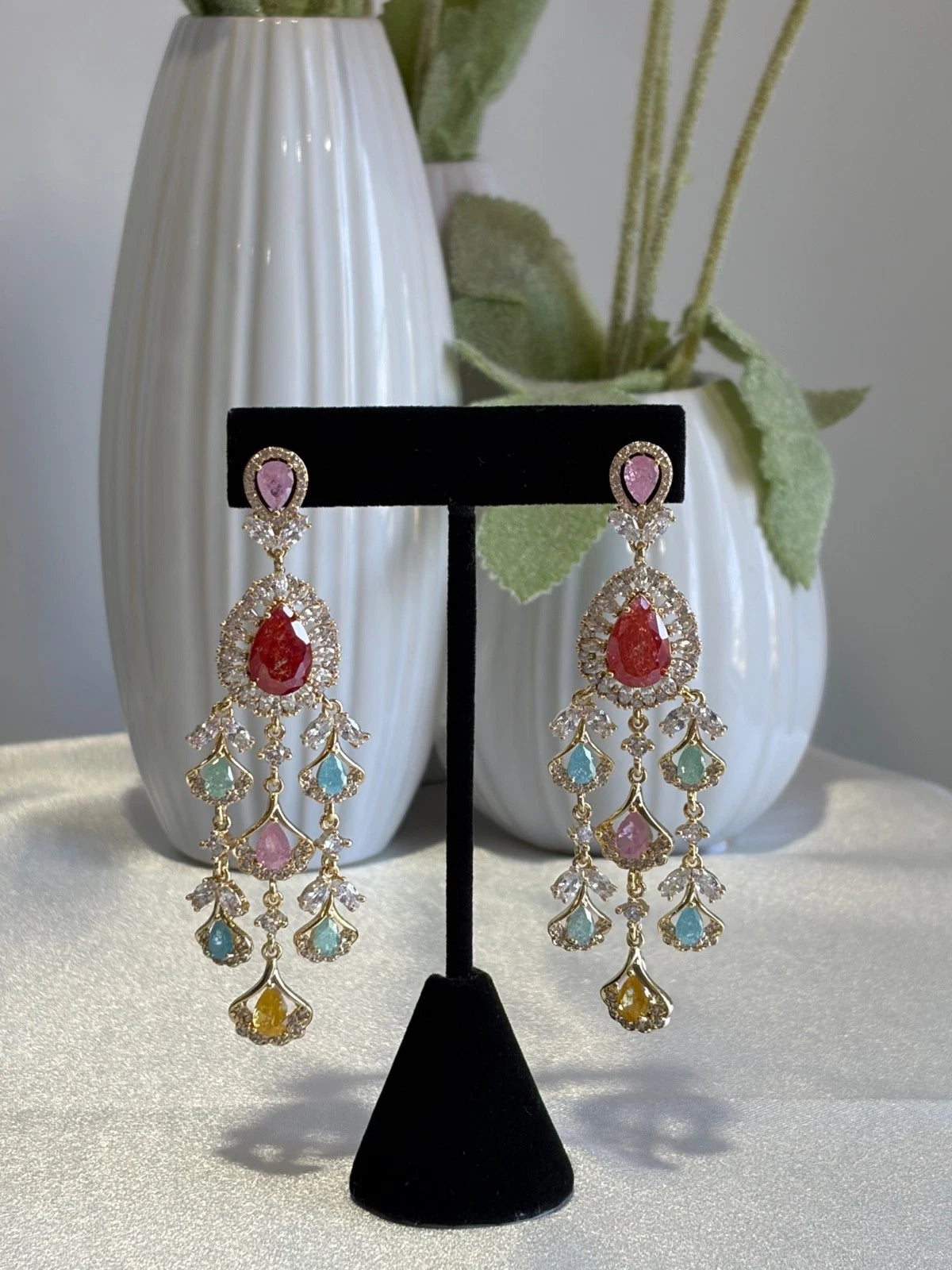 Multicolor CZ Gold Tone Chandelier Earrings Pakistani Indian Bridal Jewelry