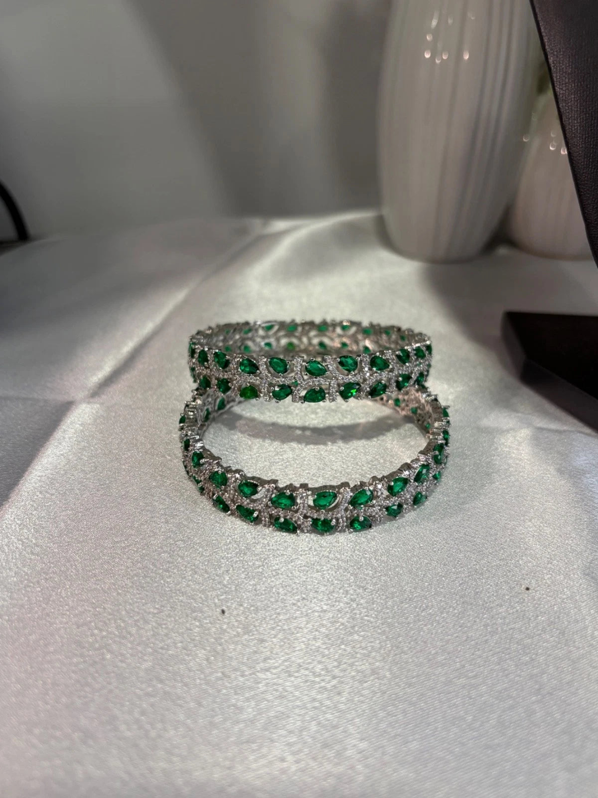 Emerald Green Silver Tone CZ Bangle Set Indian Pakistani Bridal Jewelry