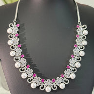 Pink Pearl CZ Silver Tone Necklace Earrings Set Indian Pakistani Bridal Jewelry