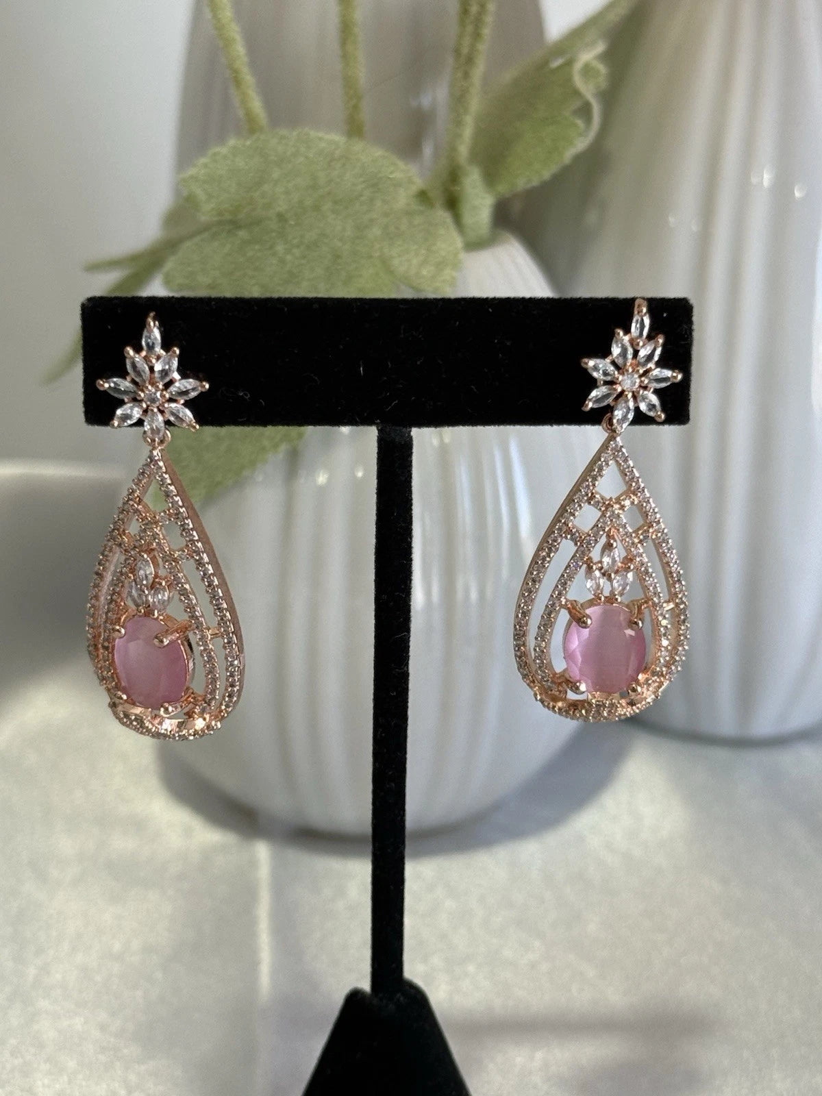 Baby Pink CZ Teardrop Earrings Rose Gold Tone Party Jewelry