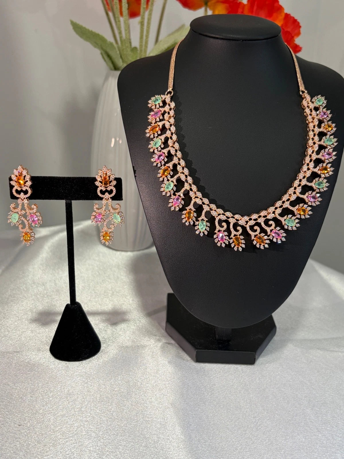 Rose Gold Multicolor CZ Necklace Earrings Set Indian Pakistani Bridal Jewelry