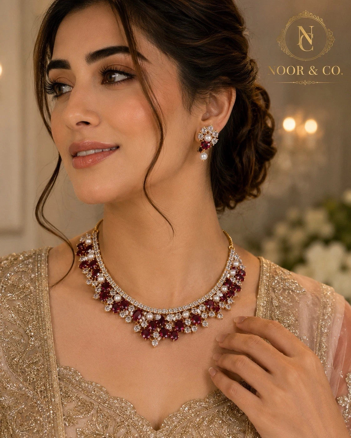 Ruby Pearl & Emerald Pearl Royale American Diamond Necklace Set
