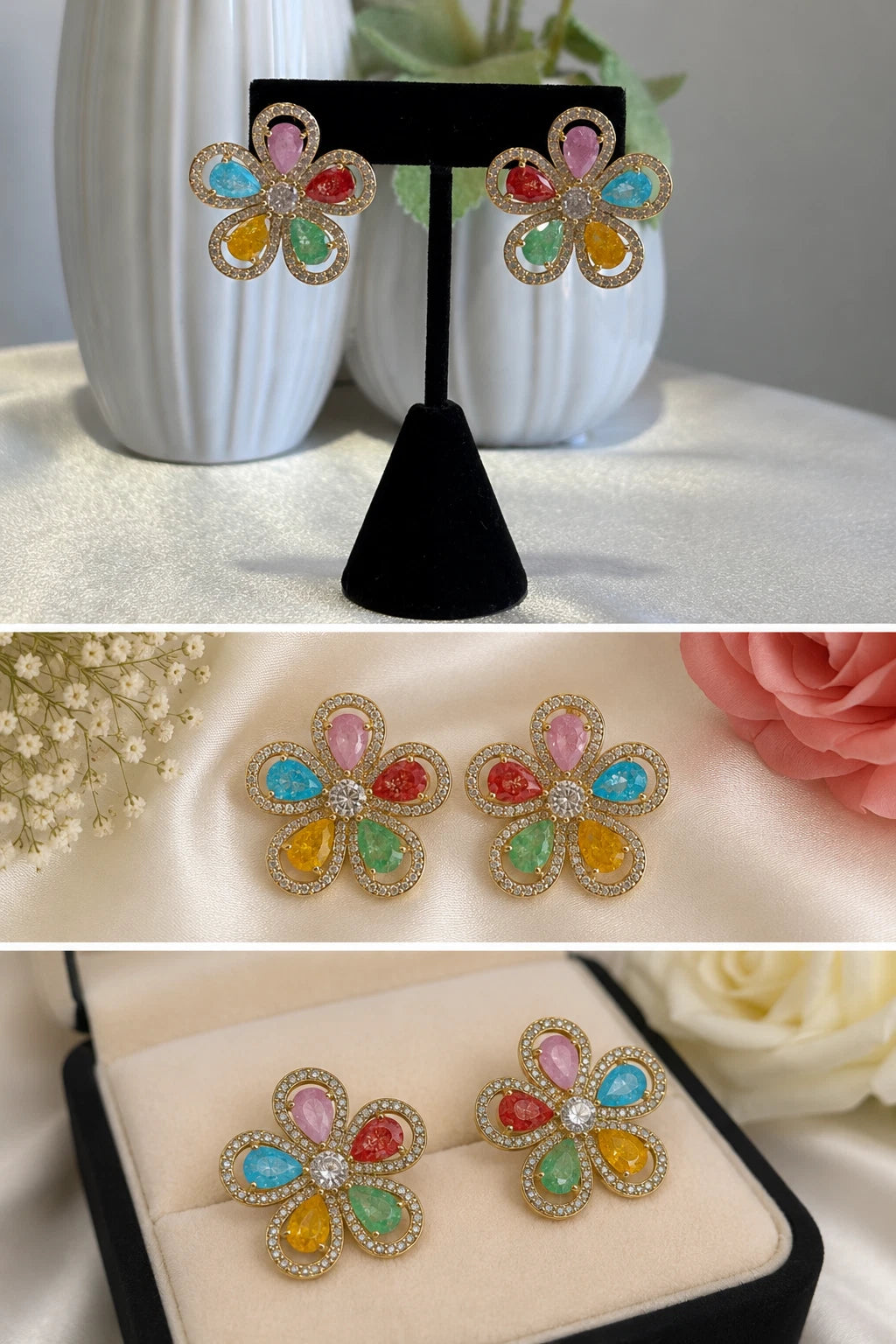Multicolor Flower CZ Gold Tone Stud Earrings Pakistani Indian Jewelry