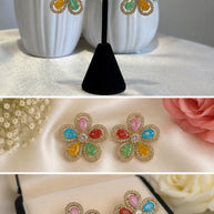 Multicolor Flower CZ Gold Tone Stud Earrings Pakistani Indian Jewelry