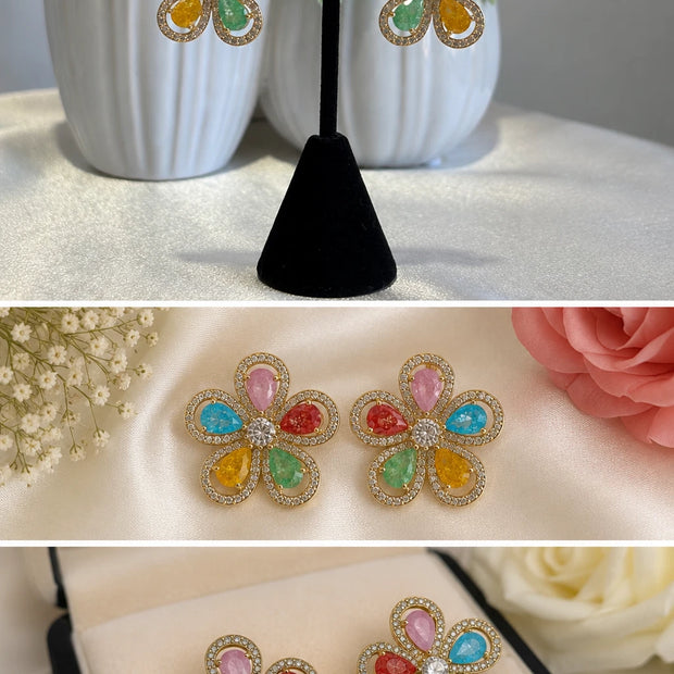 Multicolor Flower CZ Gold Tone Stud Earrings Pakistani Indian Jewelry