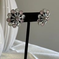 Blush Pink CZ Floral Stud Earrings Silver Tone Party Jewelry