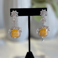Yellow Stone CZ Silver Tone Drop Earrings Pakistani Indian Statement Jewelry