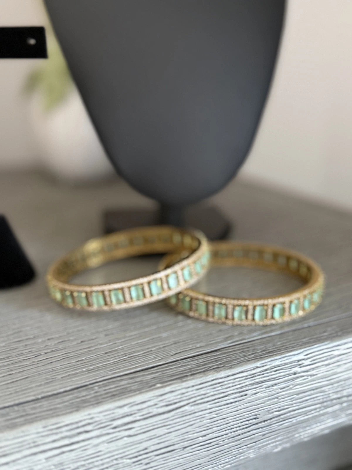Mint Green CZ Gold Tone Bangle Bracelet Set of 2 Indian Pakistani Jewelry 2.10