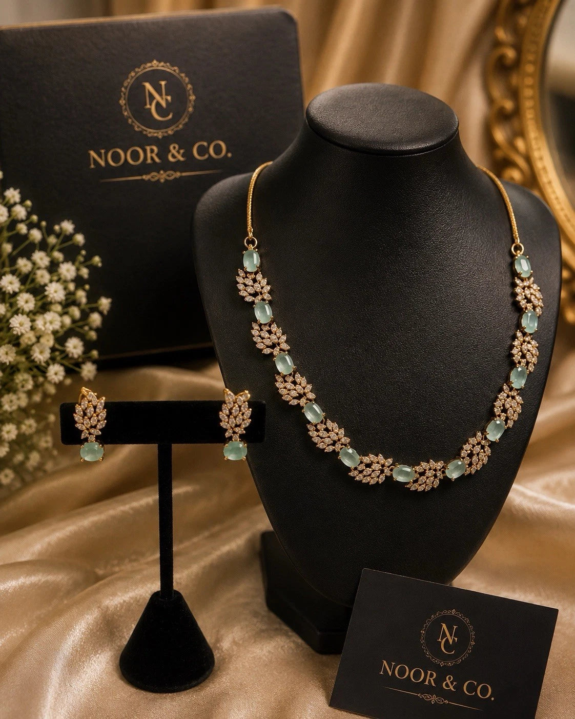 Mint Blossom American Diamond Necklace Set