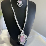 Pink CZ Necklace Earrings Tikka Set Silver Tone Pakistani Indian Jewelry