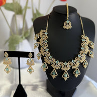 Mint Green CZ Necklace & Earrings Set Silver Tone Pakistani Jewelry