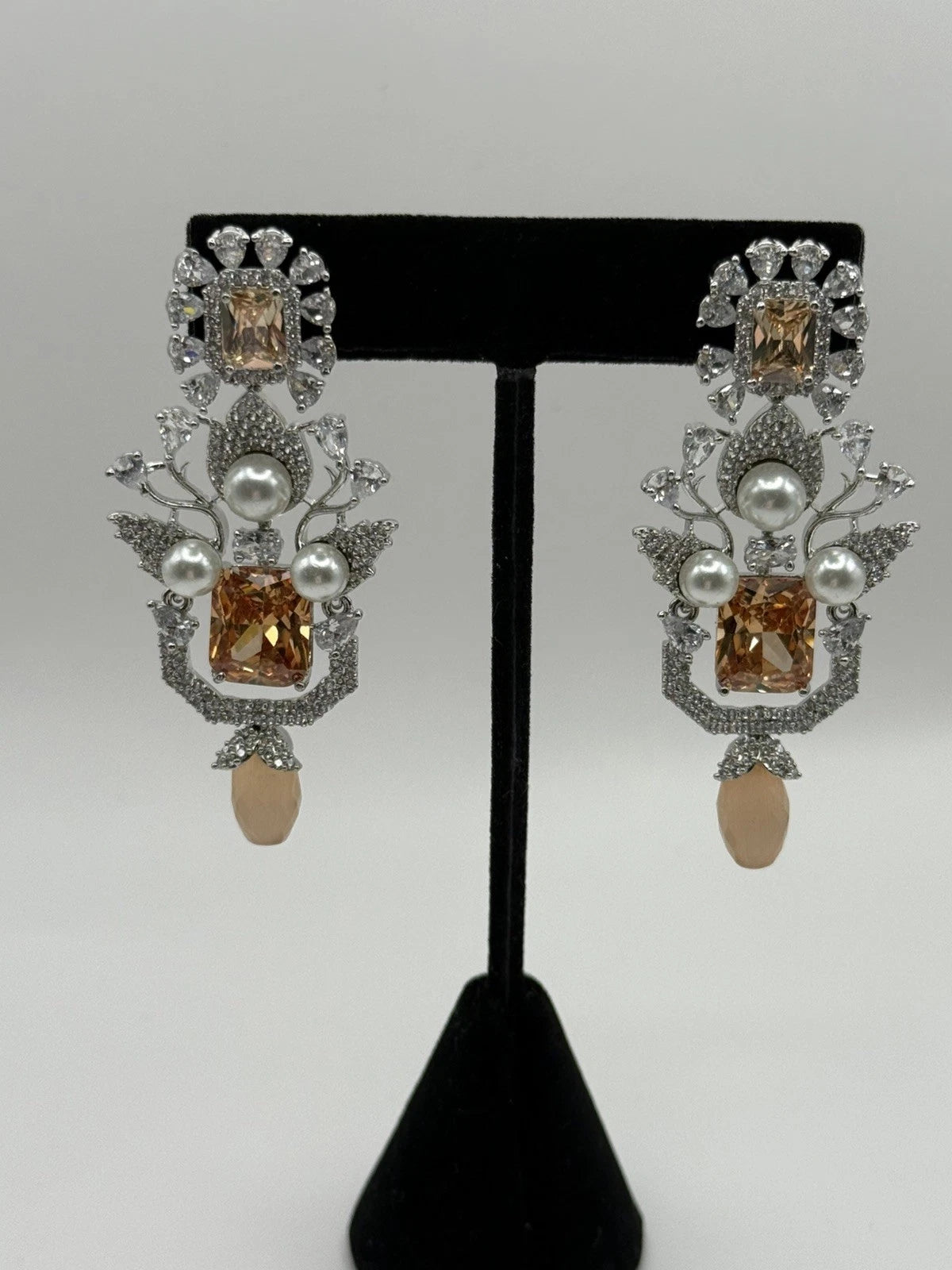 Champagne Crystal Pearl Statement Earrings – Luxury Bridal Drop Earrings