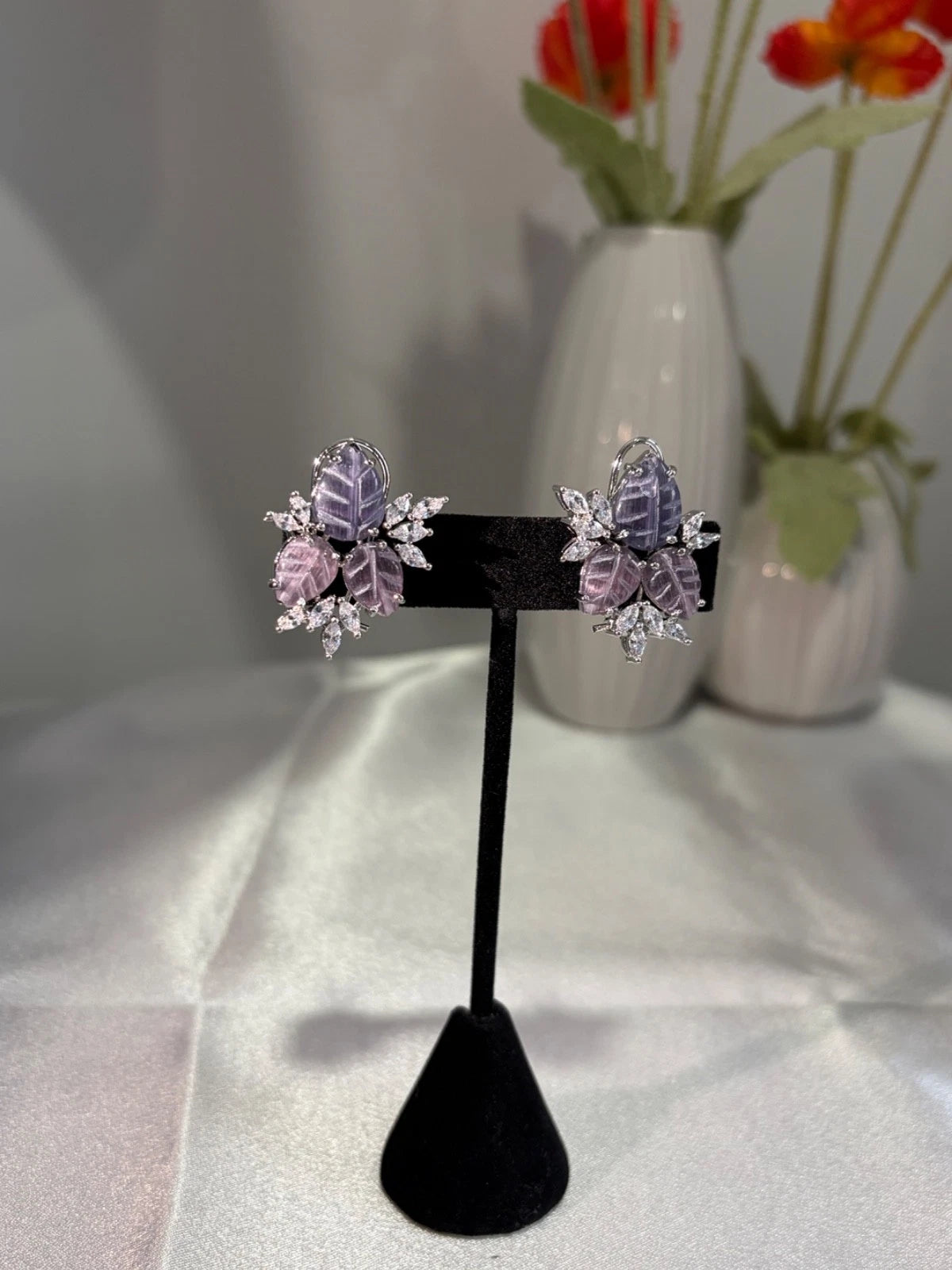 Lavender Pink Leaf CZ Stud Earrings Silver Tone Floral Statement Jewelry