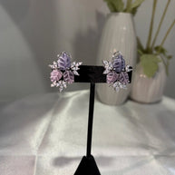 Lavender Pink Leaf CZ Stud Earrings Silver Tone Floral Statement Jewelry