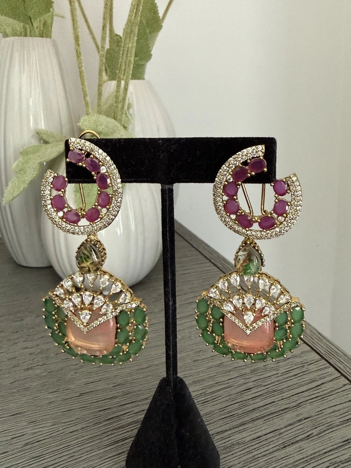 Luxury Pink & Green Statement Earrings | Pakistani Jewelry | Bridal Earrings