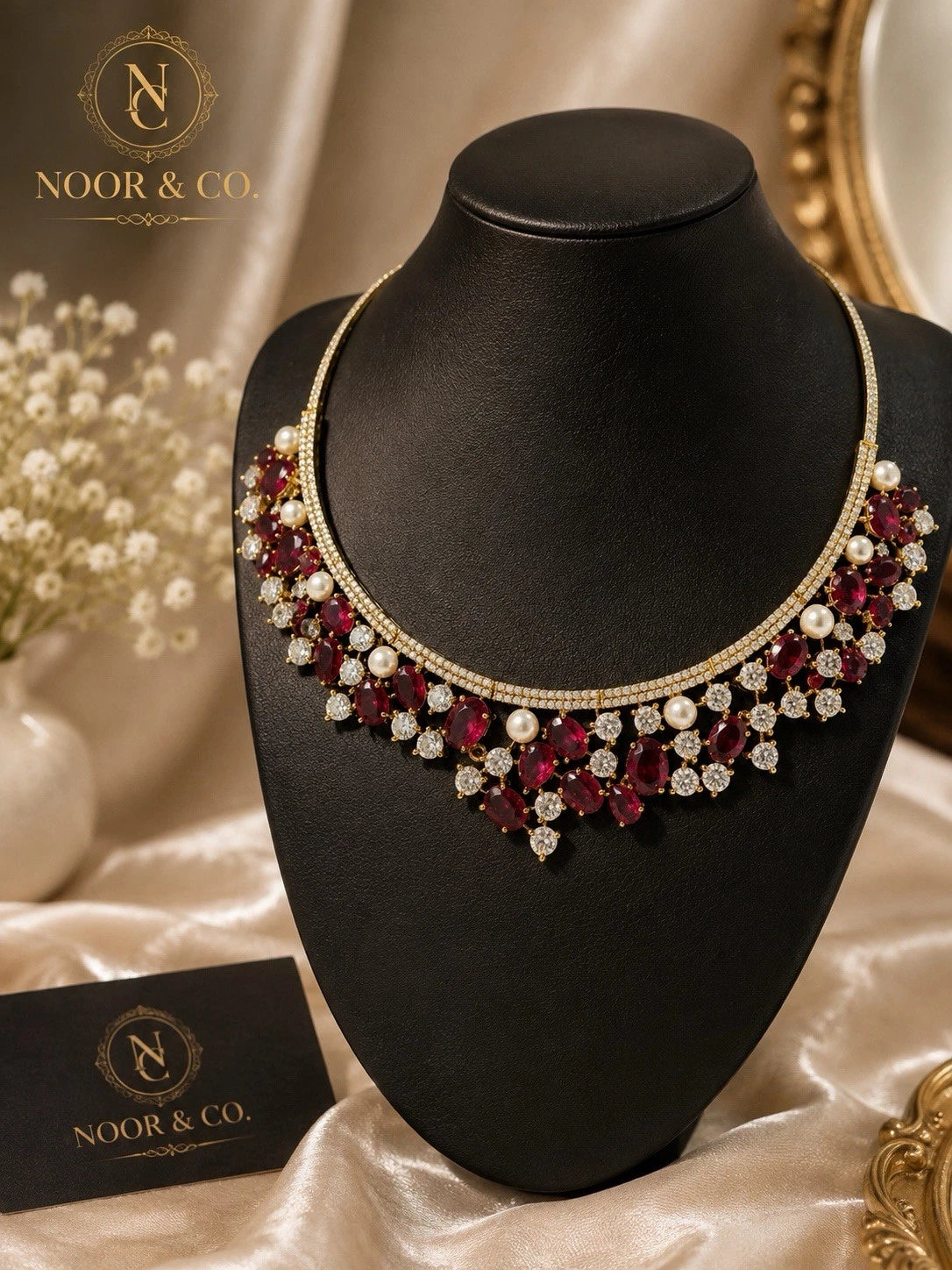 Ruby Pearl & Emerald Pearl Royale American Diamond Necklace Set