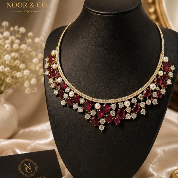 Ruby Pearl & Emerald Pearl Royale American Diamond Necklace Set