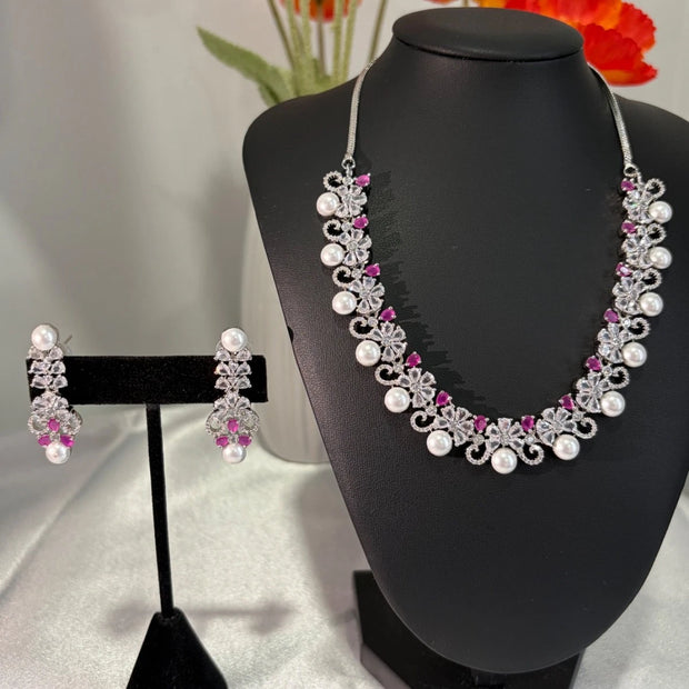 Pink Pearl CZ Silver Tone Necklace Earrings Set Indian Pakistani Bridal Jewelry