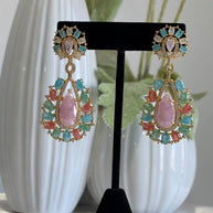 Pastel Multicolor CZ Gold Tone Teardrop Earrings Pakistani Indian Jewelry