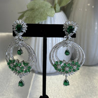 Emerald Green CZ Chandbali Earrings Silver Tone Pakistani Jewelry