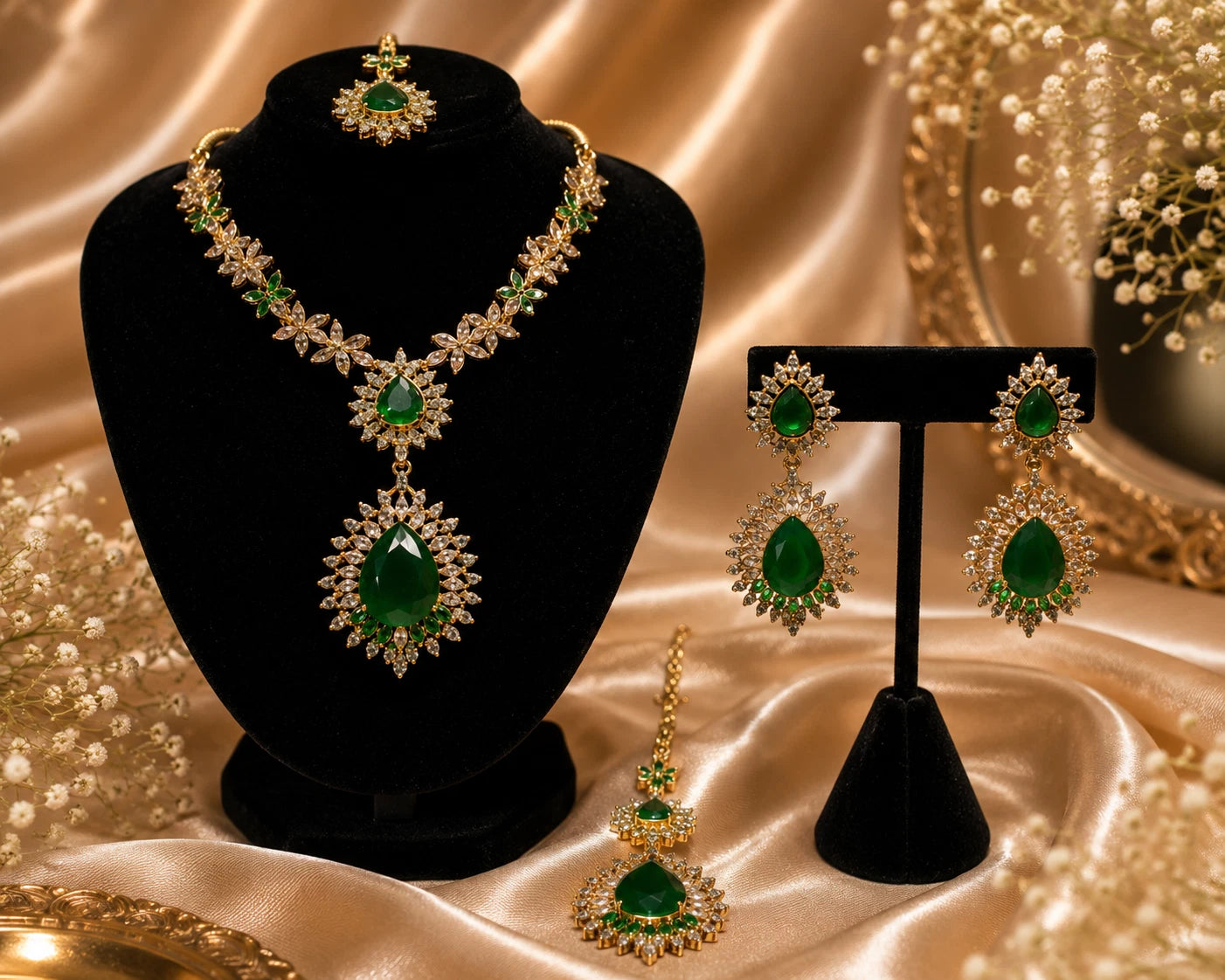 Emerald Green Teardrop Necklace Set with Matching Earrings & Tikka