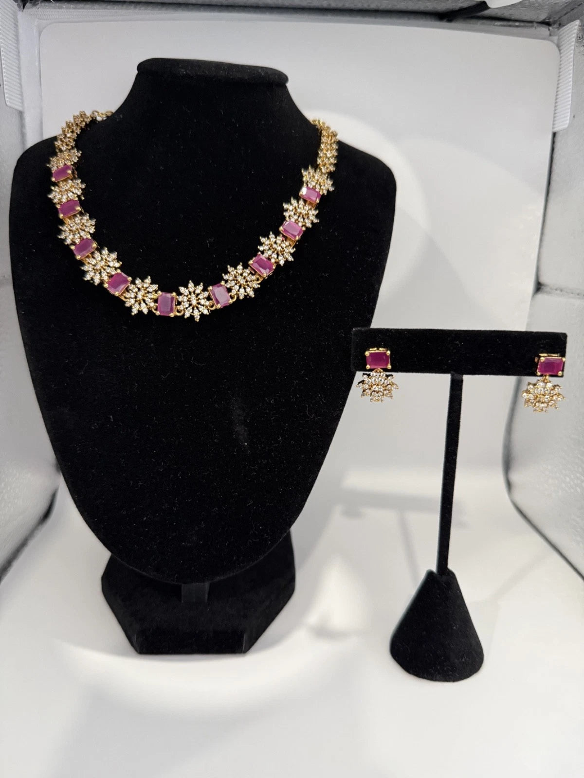 Elegant Pink Crystal Necklace & Earrings Set