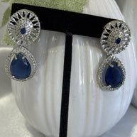 Sapphire Blue CZ Teardrop Earrings Silver Tone Party Jewelry