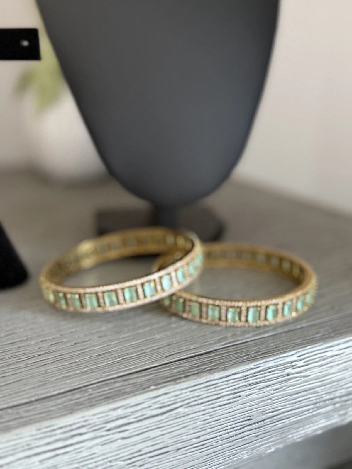 Mint Green CZ Gold Tone Bangle Bracelet Set of 2 Indian Pakistani Jewelry 2.10