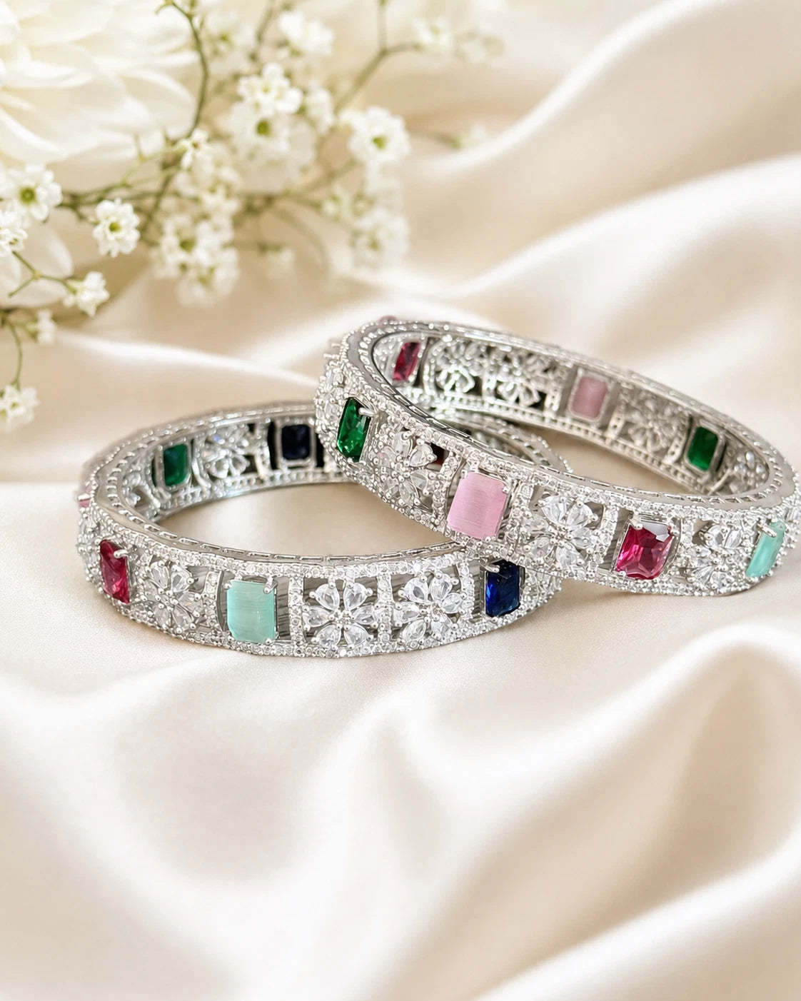 Multicolor CZ Silver Tone Bangle Bracelet Set of 2 Indian Pakistani Jewelry 2.10