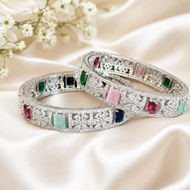 Multicolor CZ Silver Tone Bangle Bracelet Set of 2 Indian Pakistani Jewelry 2.10