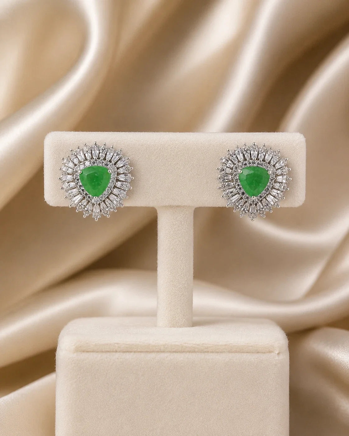 Pink & Green Stone Halo Stud Earrings Silver Tone CZ Statement Jewelry