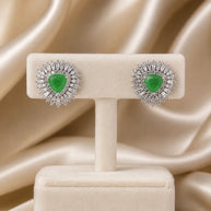 Pink & Green Stone Halo Stud Earrings Silver Tone CZ Statement Jewelry
