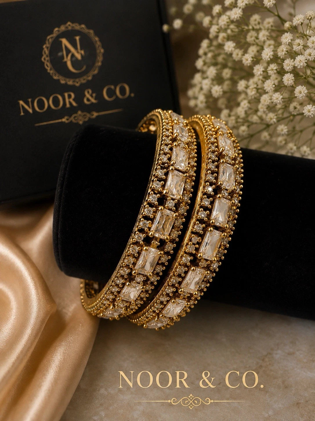 Celeste Emerald-Cut American Diamond Bangles – Premium Gold Finish