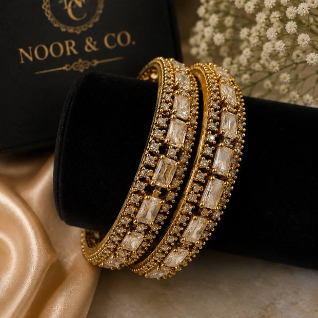 Celeste Emerald-Cut American Diamond Bangles – Premium Gold Finish