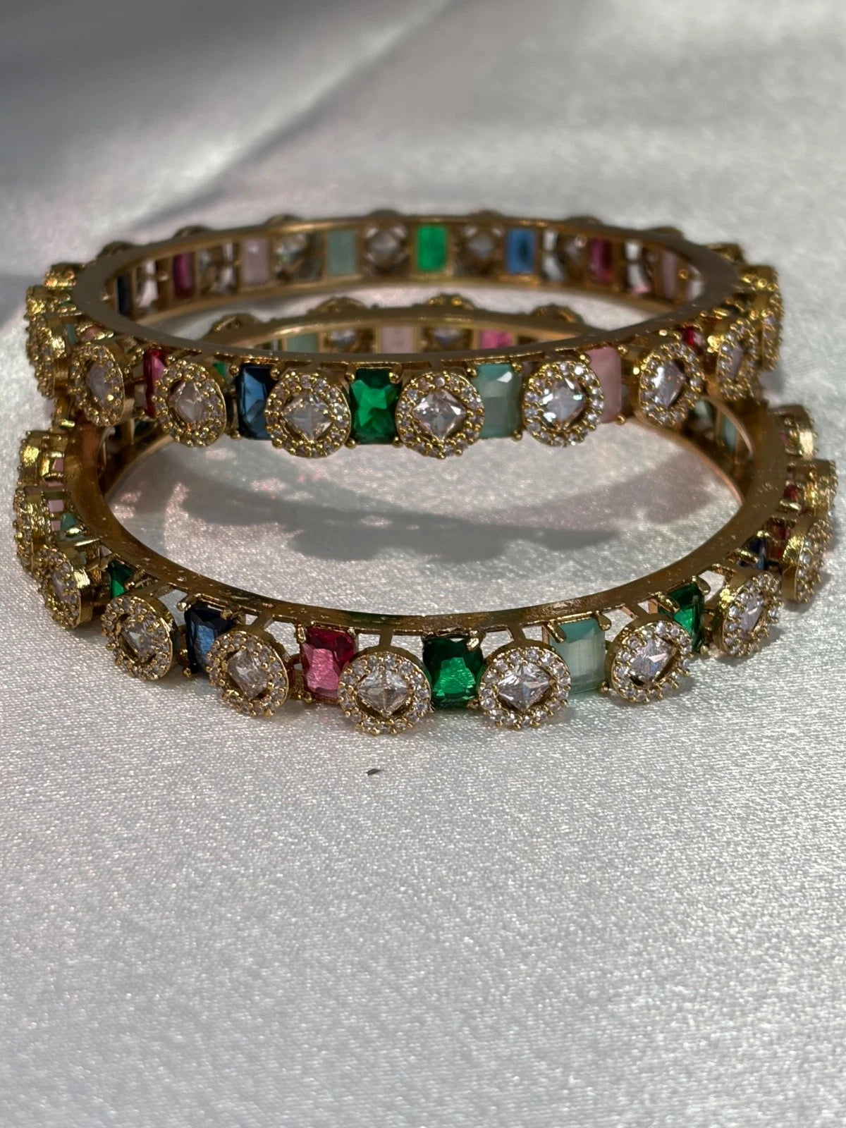 Multicolor CZ Gold Tone Bangle Set Size 2.10 Pakistani Indian Bridal Party Jewel