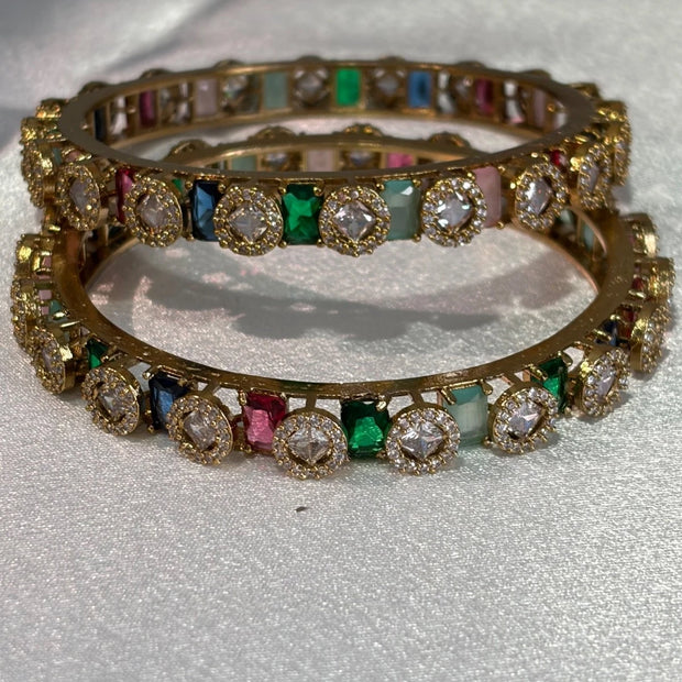 Multicolor CZ Gold Tone Bangle Set Size 2.10 Pakistani Indian Bridal Party Jewel