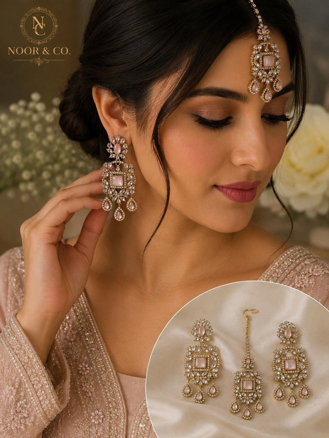 Blush Rose Crystal Earrings & Tikka Set
