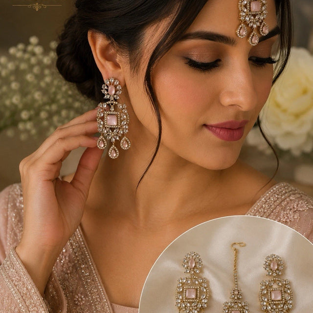 Blush Rose Crystal Earrings & Tikka Set