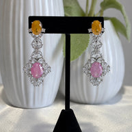 Yellow Pink CZ Silver Tone Drop Earrings Pakistani Indian Statement Jewelry