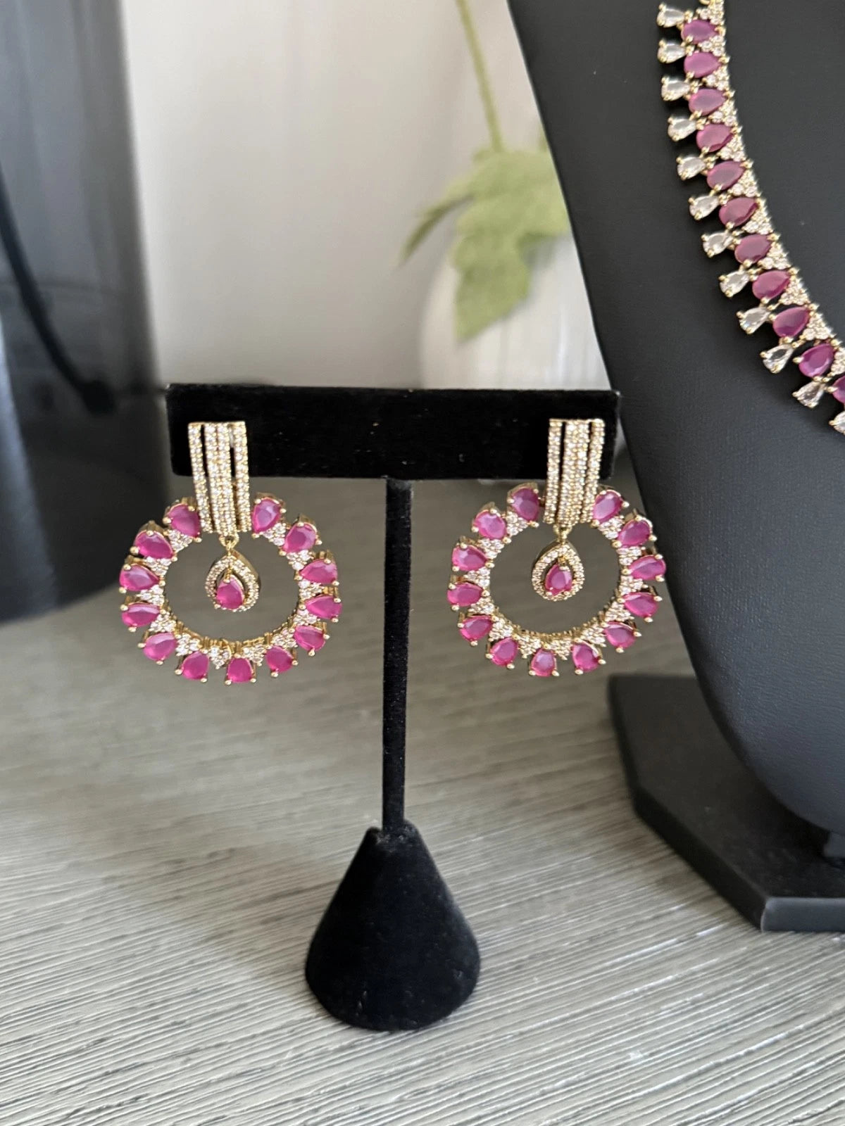 Pink CZ Gold Tone Necklace Earrings Tikka Set Indian Pakistani Bridal Jewelry