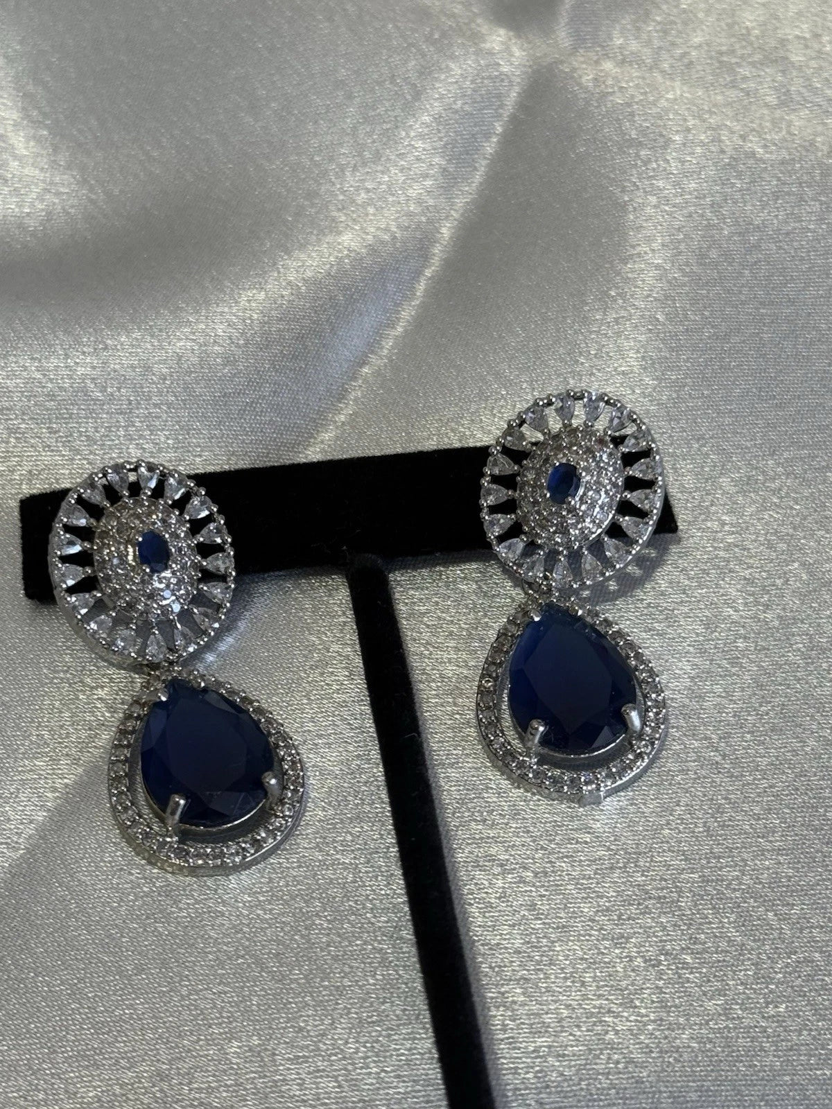 Sapphire Blue CZ Teardrop Earrings Silver Tone Party Jewelry