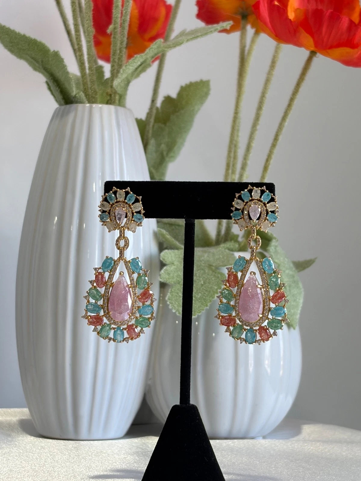 Pastel Multicolor CZ Gold Tone Teardrop Earrings Pakistani Indian Jewelry