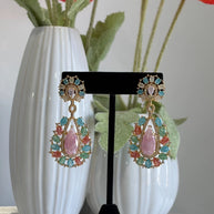 Pastel Multicolor CZ Gold Tone Teardrop Earrings Pakistani Indian Jewelry