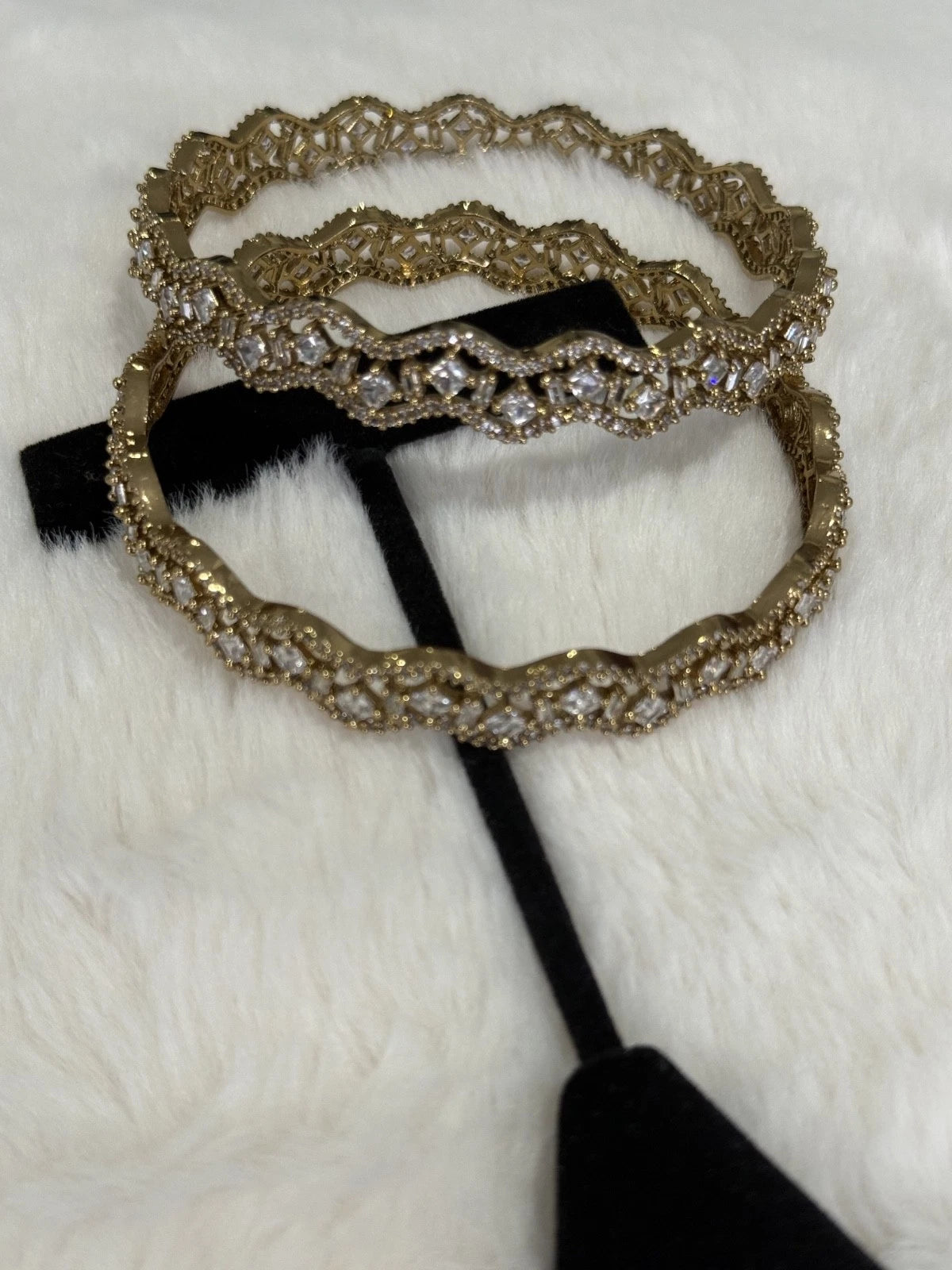 Gold Tone American Diamond Bangles Set Size 2.10 Elegant Wavy Crystal Design