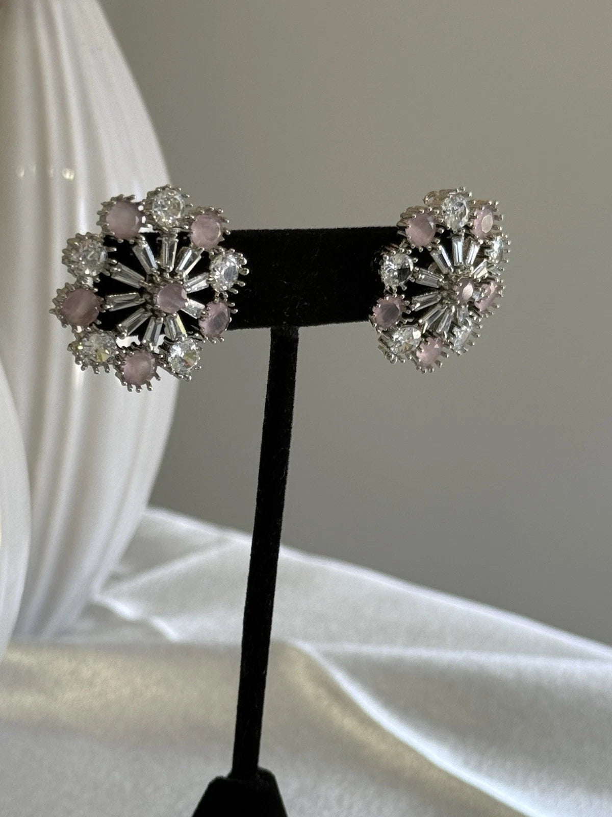 Blush Pink CZ Floral Stud Earrings Silver Tone Party Jewelry