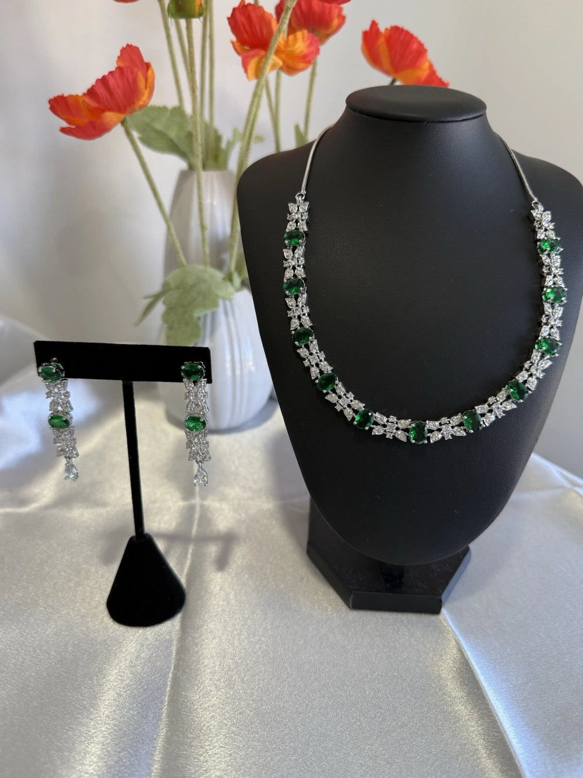 Emerald Green CZ Necklace & Earrings Set Silver Tone Wedding Jewelry