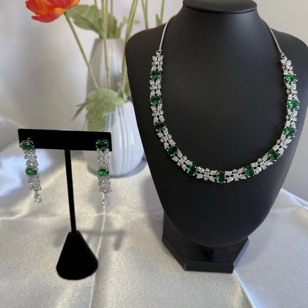 Emerald Green CZ Necklace & Earrings Set Silver Tone Wedding Jewelry