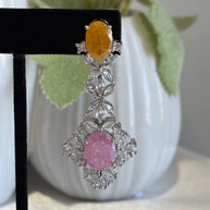 Yellow Pink CZ Silver Tone Drop Earrings Pakistani Indian Statement Jewelry