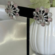 Blush Pink CZ Floral Stud Earrings Silver Tone Party Jewelry
